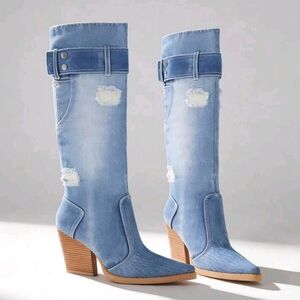 Stylish Blue Denim Knee-High Boots